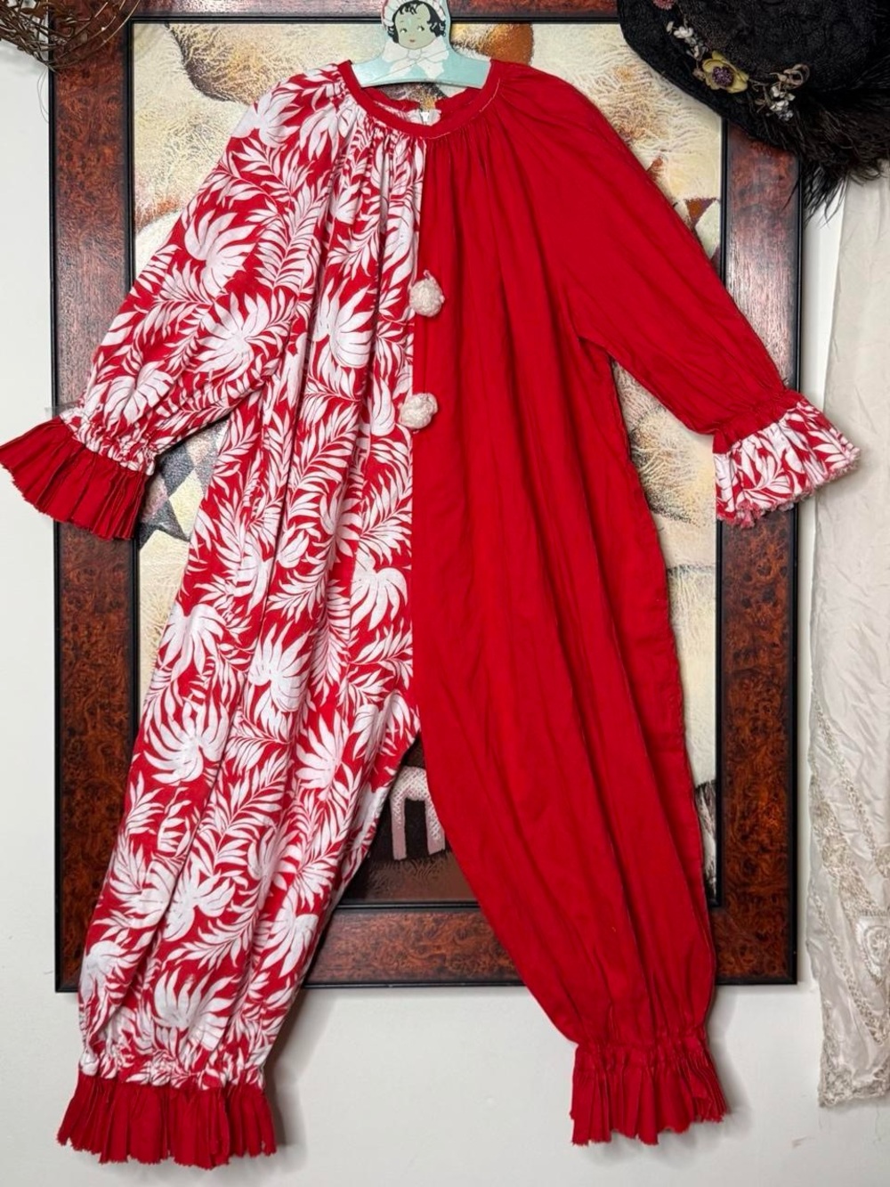 Vintage 1940s feedsack print kids or petite adult clown costume jumpsuit